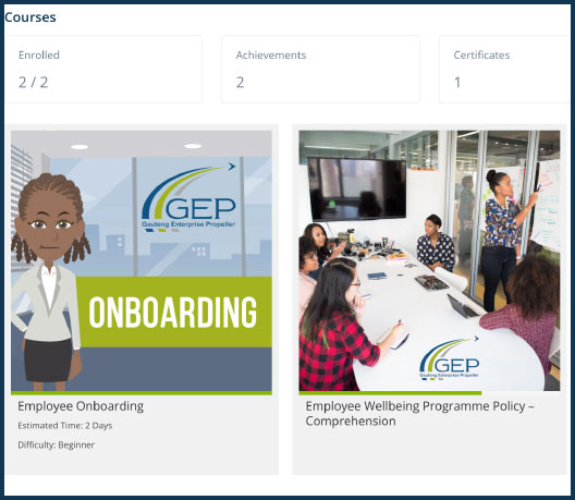 Learner Management System (LMS) screen on a Druff company intranet