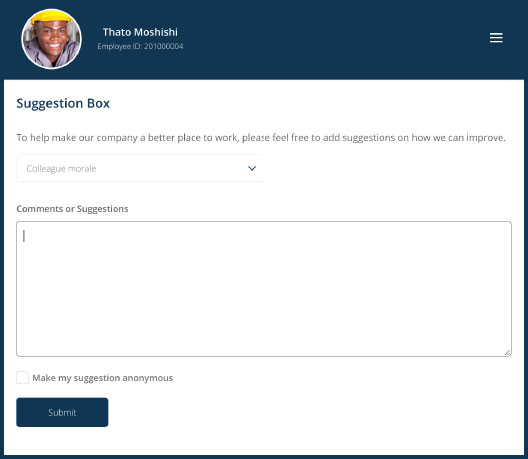 Digital Suggestion Box screen on a Druff company intranet