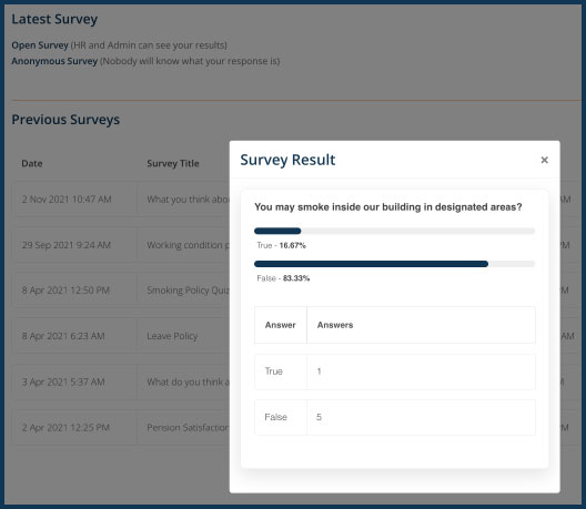 Internal Surveys screen on a Druff company intranet