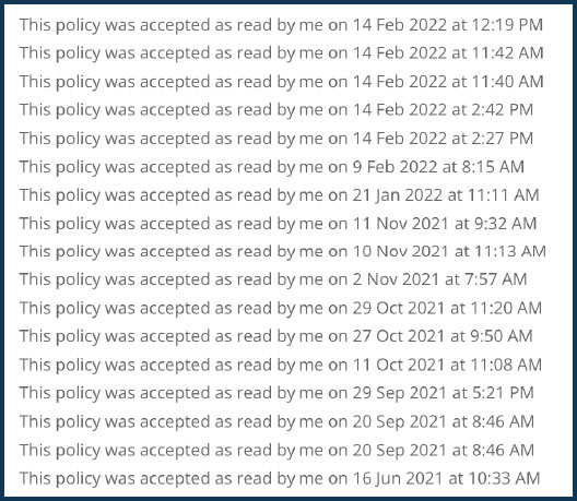Policy Acceptance Timestamp screen on a Druff company intranet