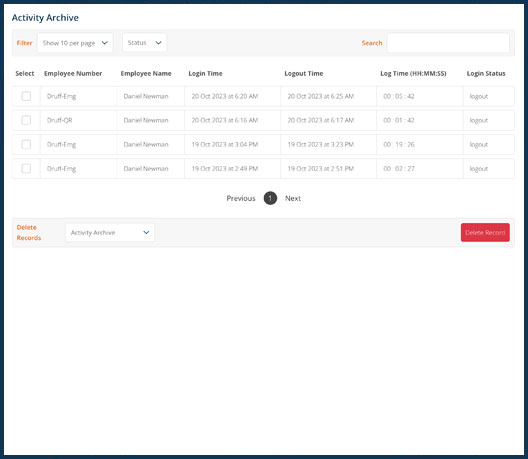 Activity Archive screen on a Druff company intranet