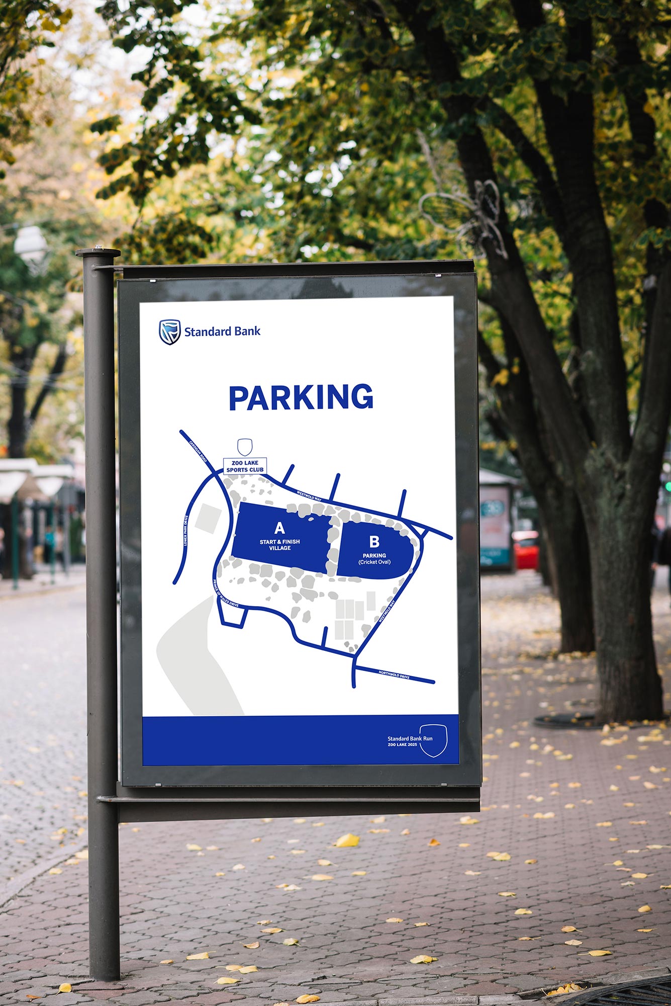 Standard Bank Run parking wayfinding poster on a street unit for Chaos Theory, by Druff Agency Pretoria