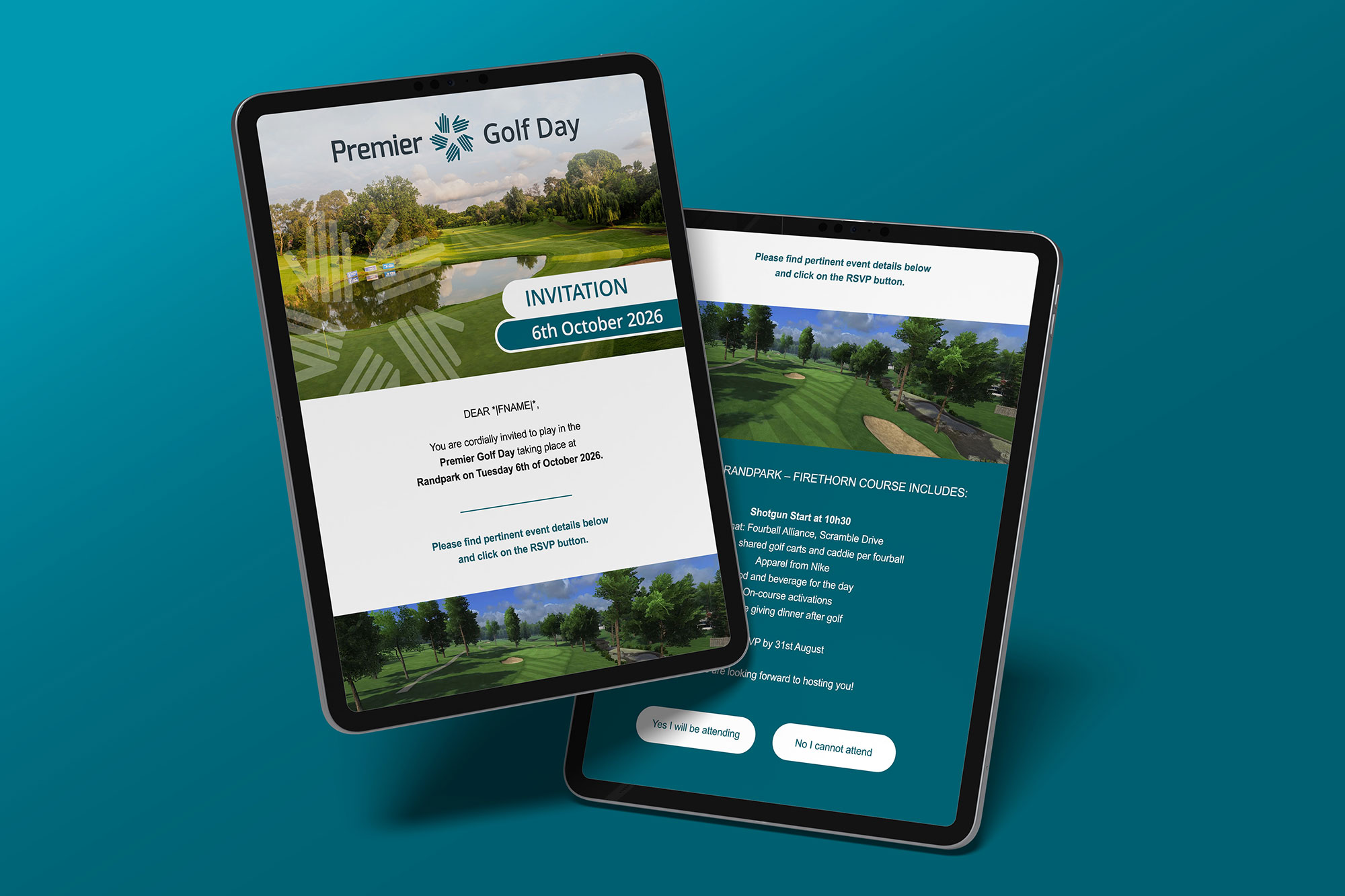 Premier Golf Day invitation and event details on tablets for Interlock Events, by Druff Agency Pretoria