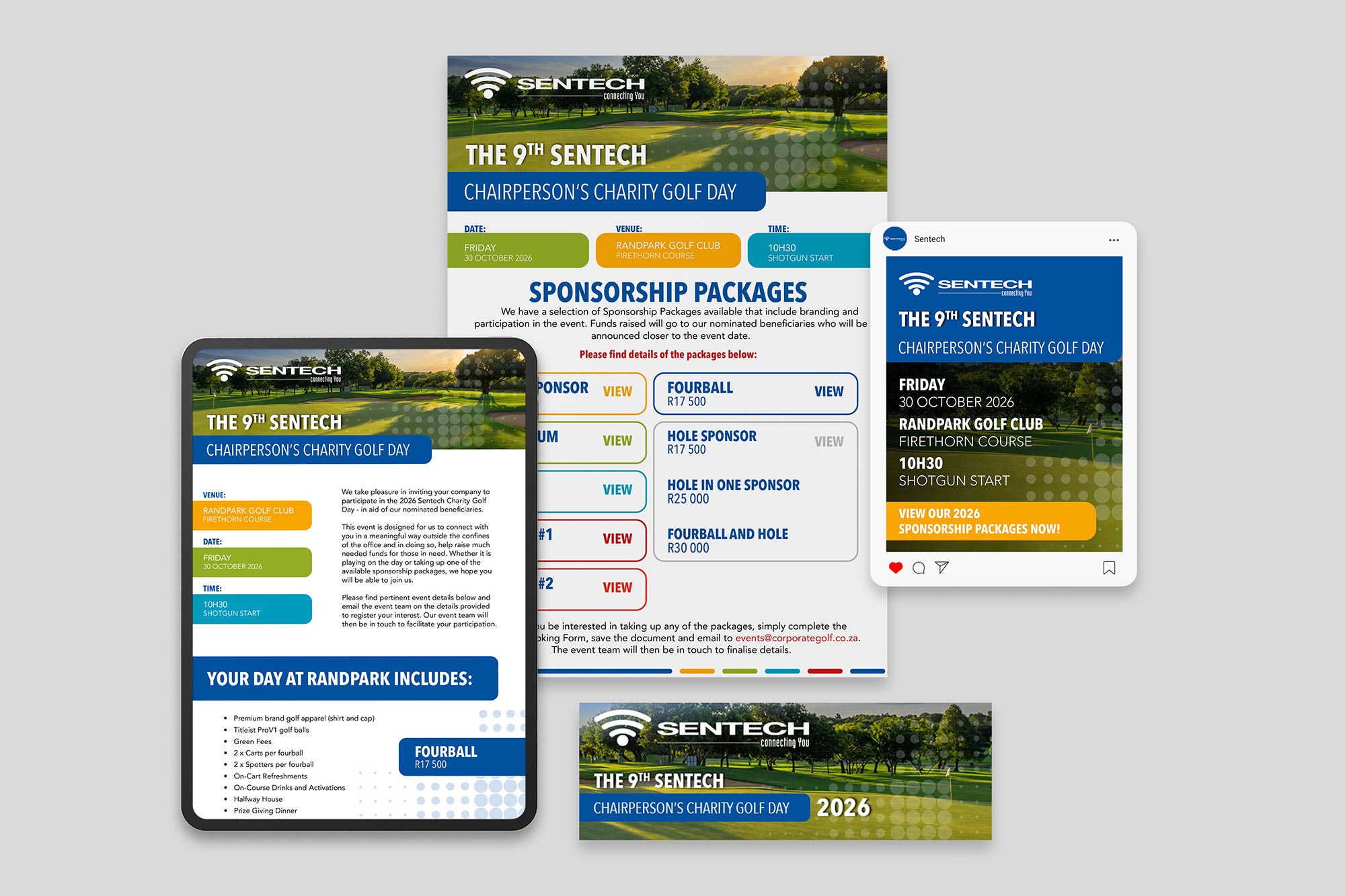 The 9th Sentech Chairperson&rsquo;s Charity Golf Day mailer on phone, tablet and web banner for Interlock Events, by Druff Agency Pretoria