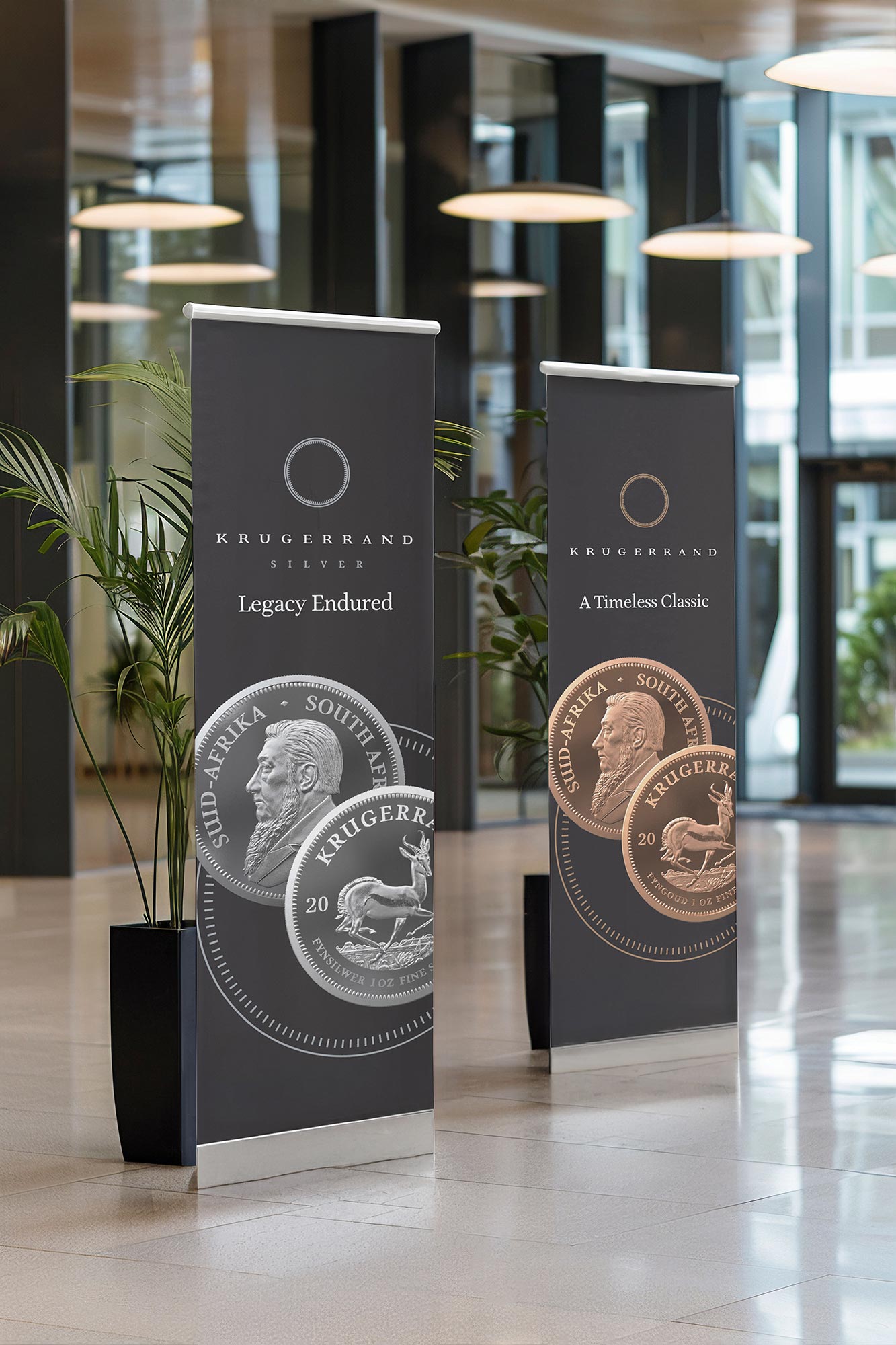 Krugerrand pull-up banners for the South African Mint, by Druff Agency Pretoria